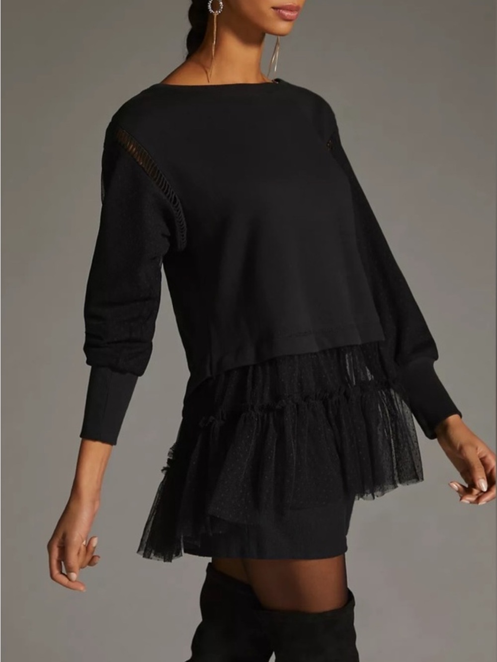 Anthropologie Black Long Sleeve Sweatshirt with Tiered Tulle Hem